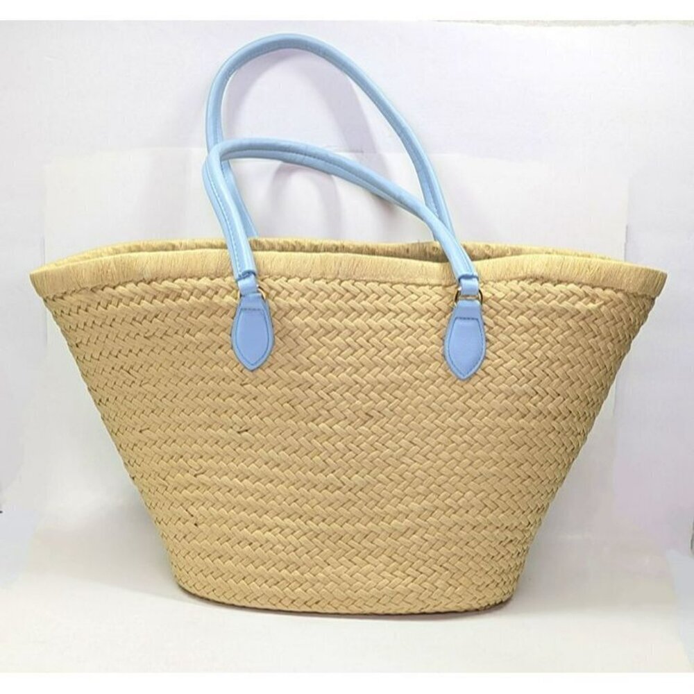 On 34th Isabellaa Women's Straw Medium Drawstring Tote Blue Floral (MSRP $130) - Picture 2 of 5